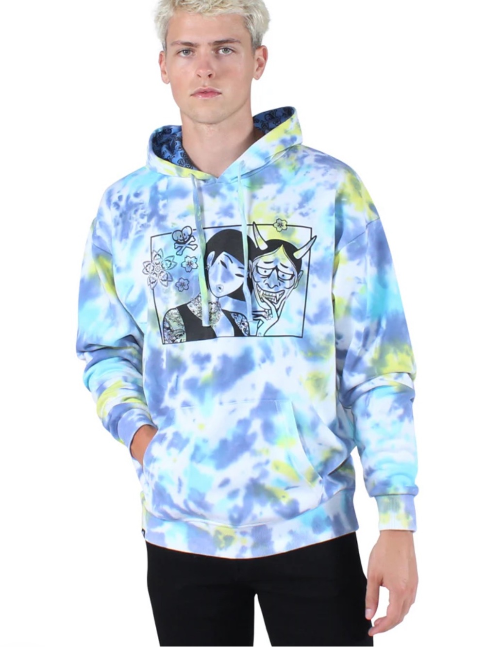 Tokidoki Tie-Dye Demonized Graphic Hoodie in Pastel Blue, Yellow & Purple